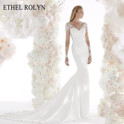 ETHEL ROLYN Sexy V-neckline Romantic Satin Mermaid Wedding Dresses 2021 Illusion Long Sleeve Beaded Lace Appliques Wedding Gowns
