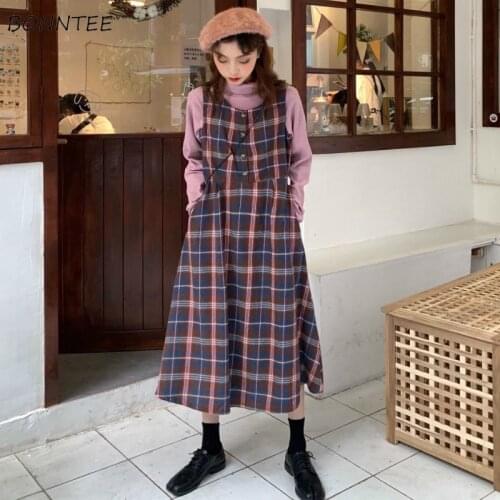 Sleeveless Dress Women Trendy Loose Korean Charm Preppy Style Daily All-match Autumn Basic Femme Clothing Plaid Teenagers Classy
