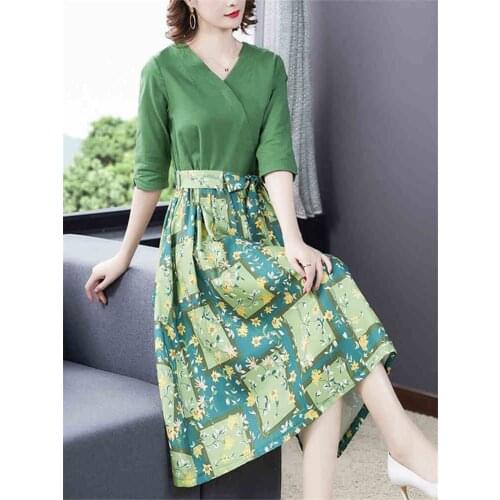 2021 New Spring Summer Women Large Size Half-Sleeve Dress Cotton And Linen Fashion Bow Belt V-Neck Vestidos Female aq027