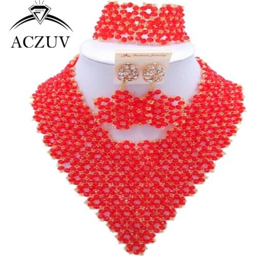 ACZUV Brand Red Crystal African Beads Nigerian Wedding Jewelry Set Bracelet AJ011