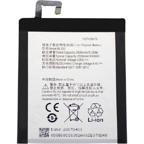 2500mah BL250 Battery for Lenovo VIBE S1 S1a40 S1c50 High Quality bl250 Mobile Phone Replacement Accumulator