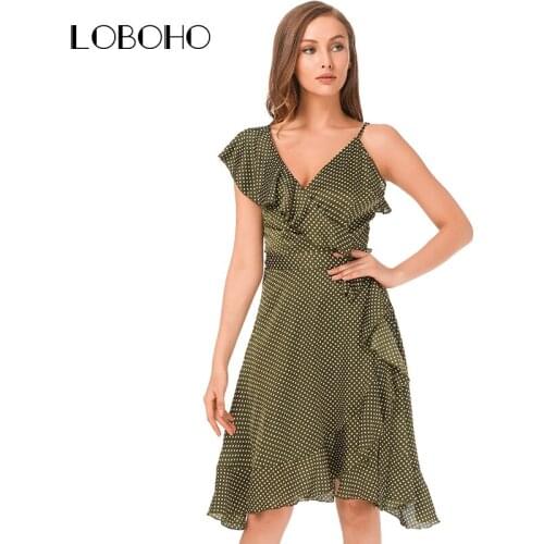Asymmetrical Ruffle Dress Women 2018 Summer Fashion Casual Polka Dot Dress Spaghetti Strap Knee Length Ladies Dresses With Belt