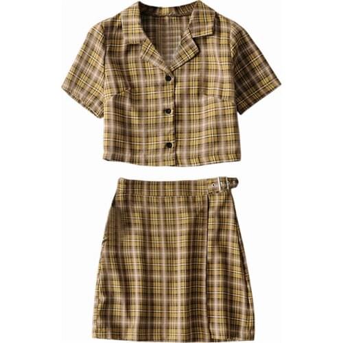 Crop top women 2020 two piece set womens outfits Summer matching sets two piece plaid skirt sets sexy skirt and top set