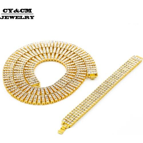 CY&CM Men Women Iced Out 4 Row Bling Bling Rhinestone Gold Silver Plated 30" Punk Necklace Hip Hop Chain 8" Bracelet Jewelry Set