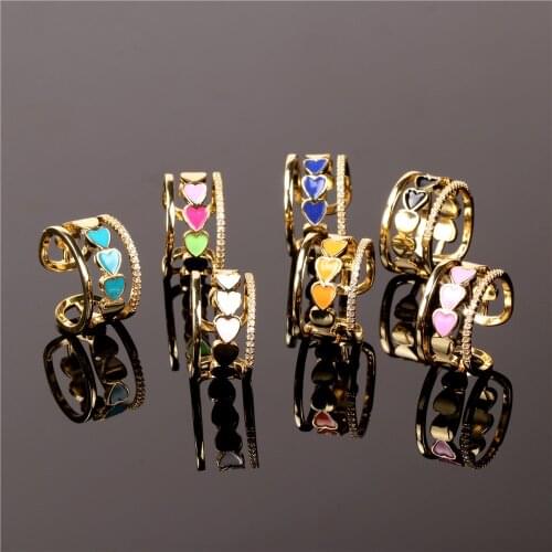 EYIKA Candy Color Enamel Multiple Heart Open Rings for Women Girls Zircon Three Layer Finger Ring Korean Jewelry Accessories