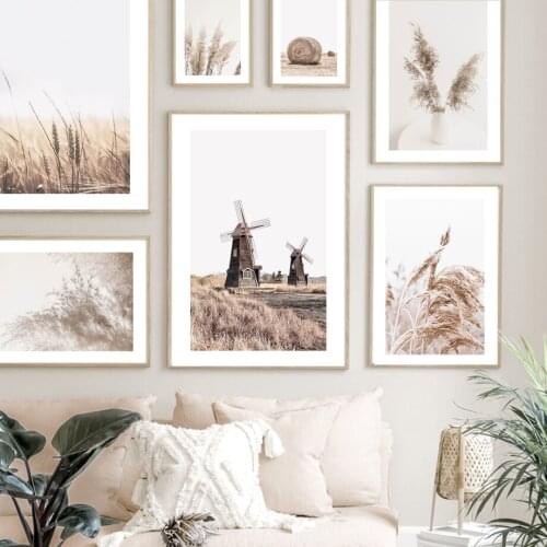 Farm Windmill Reed Dried Grass Vase Haystack Wall Art Print Canvas Painting Nordic Poster Decoration Pictures For Living Room