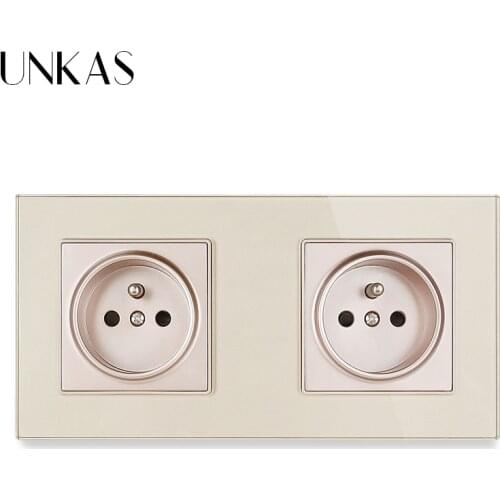 UNKAS French Standard Electrical Wall Socket 2 Gang 172mm * 86mm Tempered Crystal Glass Panel Outlet