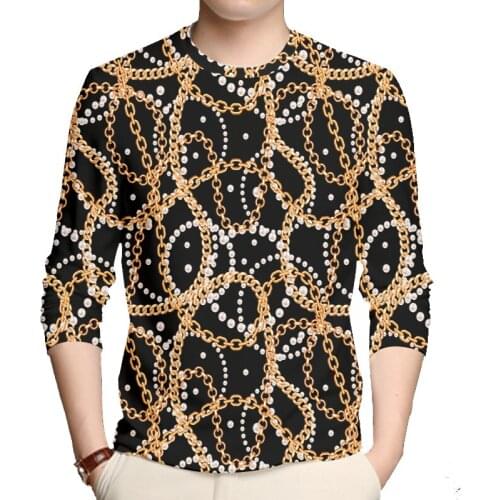 Long-sleeved T-shirt Golden Pearl Chains New 3d-printed Suitable Casual Streetwear Baroque Luxury Trendy Vogue T-shirt Wholesale