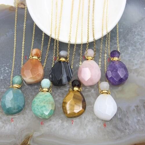 Faceted Gems stone Perfume Bottle Pendant Plated Gold Necklace,Amethysts Jades Amazonite Essential Oil Diffuser Vial Charms
