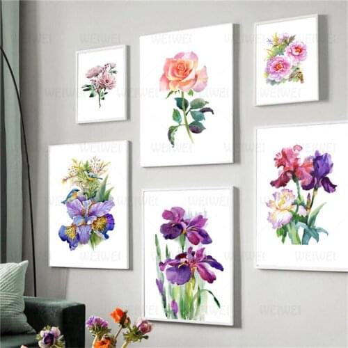 Canvas Painting Nursery Art Purple Plant Flower Watercolor Decor Pink Rose Poster and Bird Wall Art Room Decor