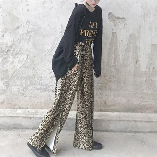 Korean Personality Wind Leopard Casual Pants Women Were Thin High Straight Pants Loose Wild Split Wide Leg Pants Trousers Female