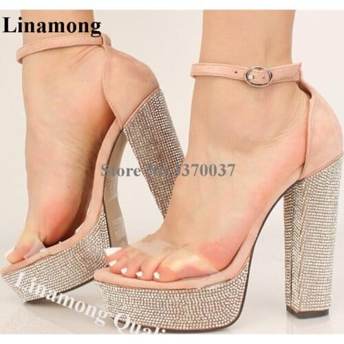 Linamong Bling Bling PVC Straps Patchwork Chunky Rhinestone Heels Sandals High Platform Crystal Thick High Heel Sandals Big Size