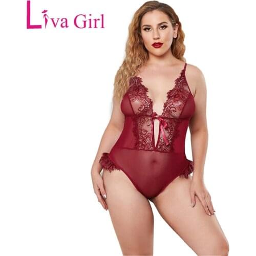 LIVA GIRL Woman Eyelash Trim Deep V Neck Mesh Plus Size Teddy Lingerie 2021 Summer Sexy Slim Btalette Female Solid Lace Bodysuit