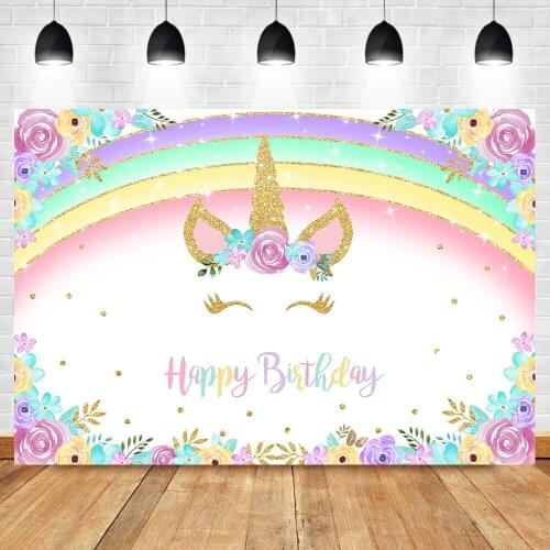 NeoBack Rainbown Unicorn Backdrop Happy Birthday Unicorn Party Photography Background Dessert Table Decorations Props Backdrops
