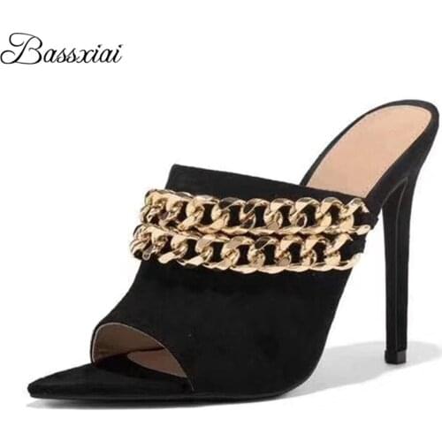 Luxury Suede Peep Toe Lazyman Mules Lady 10cm Thin High Heels Metal Chains Decor Slingbacks Sandals Women Summer