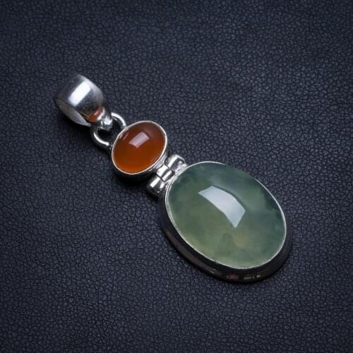 Natural Prehnite and Carnelian Handmade Mexican 925 Sterling Silver Pendant 1 3/4" T1666