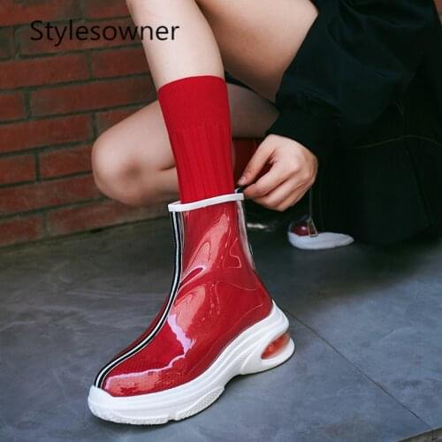 Stylesowner New Style Knitting Sock Boots Woman 2018 Thick Bottom Transparent Stretch Boots Flat Red Novelty Popular Mid-Boots