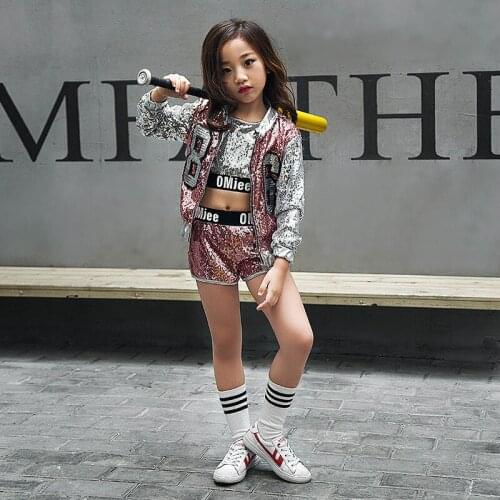 Girls Sequin Hip Hop Clothing Dance Costumes for Child Jacket Jazz Ballroom Dancing Clothes Competition Costume Stage Outfits LJ