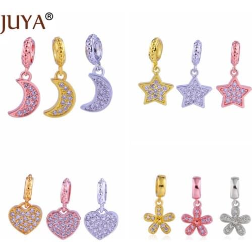 Fashion Tiny Moon Star Heart Flower Charms For Bracelets DIY Jewelry Making High Quality Copper Metal Inlay Zircon Rhinestone