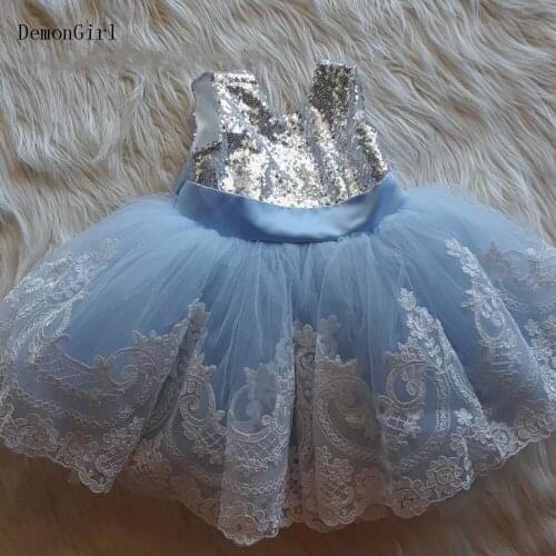 Puffy Lace Appliques First Birthday Dresses Satin Bow Knot Flower Girl Dresses Glitter Top Kids Christening Dresses