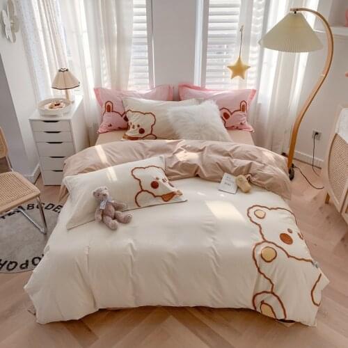 Cute Bear Washed Cotton Bedding Set Applique Embroidery Duvet Cover Set Bed Linen Pillowcases Home Textile King Queen Full Size