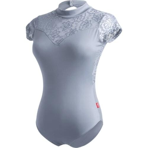 Girls Women Dance Leotards Lace Turtleneck Ballet Bodysuit Cap Sleeve Open Back Gymnastics Jumpsuit 2XL Grey Blue Summer