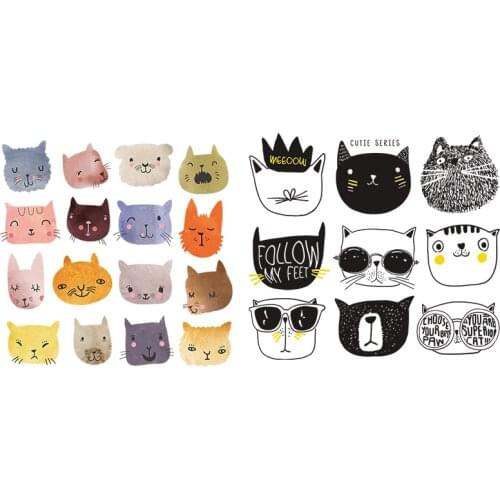 Expression Cats Sticker Diy Applique Iron On Transfer For Kids Clothes Washable Easy Use Black And White Colorful Cat Patches