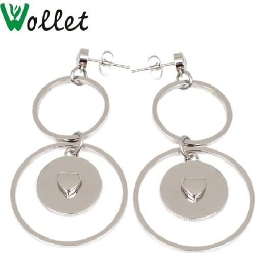Wollet Jewelry Stainless Steel Earring Jackets Eardrop Dangler Heart Round for Woman Metallic Silver Color