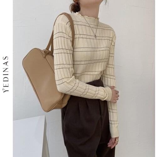 Yedinas Spring Knitted Sweater Women Ruffled Collar Korean Style Female Sweaters Black Pullover Casual Slim White Pull Knitwear