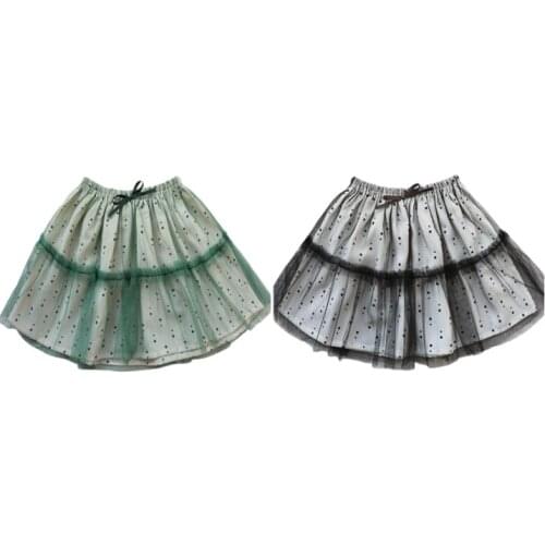 Bebezoo New Summer Kids Green Black Gauze Cotton lining Dots Girls 2-7yrs Cotton Knitted Midskirts Princess Casual Bow Skirts