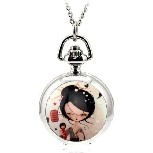 Anime Marionette Womens Watch Silver Hollow Quartz Pocket Watch Ladies Fob Watch Necklace Clock Pendant Sweater Key Chain Saat