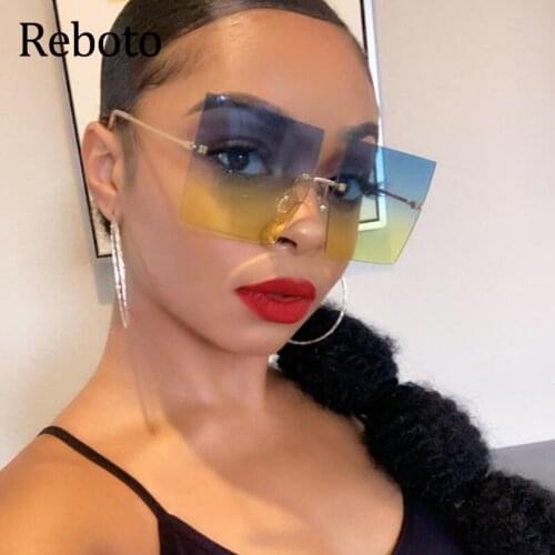 Women rimless sunglasses square Brand designer clear shades Fashion Trendy Glasses ladies Oversized sun glasses female Oculos