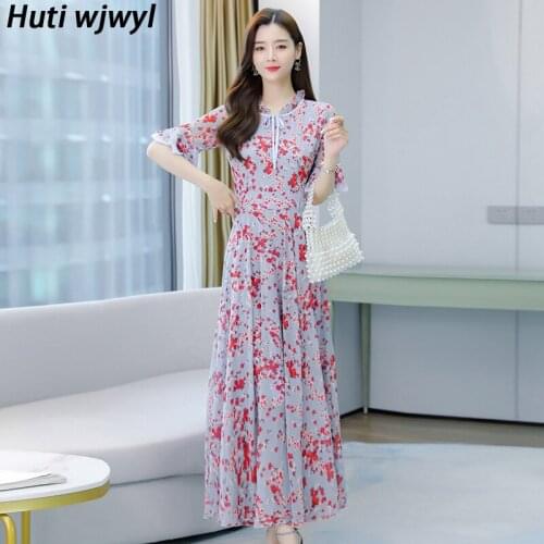 Summer Vintage Print Chiffon Midi Sundress 2021 Elegant Women Plus Size Boho Beach Maxi Dress Party Short Sleeve Runway Vestido