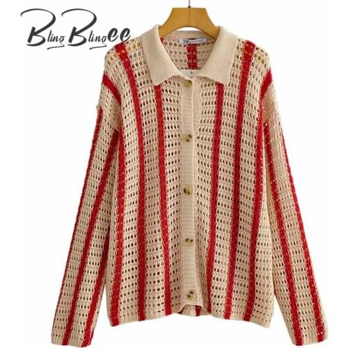 BlingBlingee Za 2021 Summer Autumn Woman Jacket Traf Red Striped Open Knit Cardigan Casual Drop Shoulder Loose Sweaters Tops