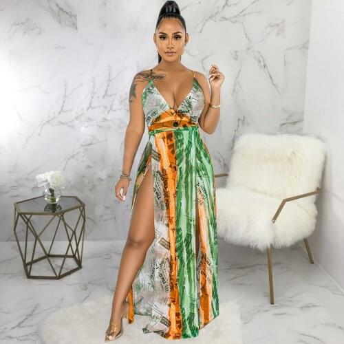 Newspaper Letter Print Summer Vacation Dress Women Spaghetti Strap Side High Split Dress Sexy Deep V Neck Backless Boho Dresses