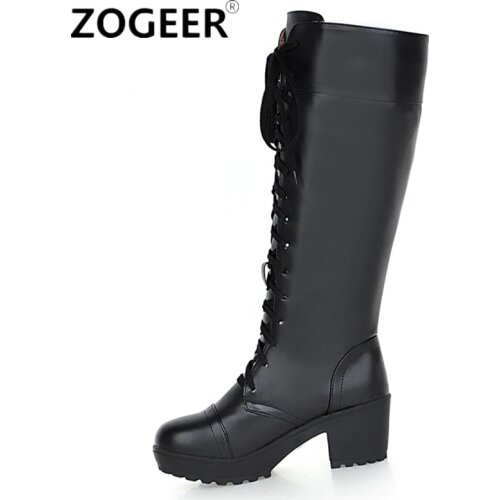 Winter Snow Boots Women Fashion Knee High Boots Casual Punk Heels Lace-up Black White footwear Long Shoes Ladies Large Size