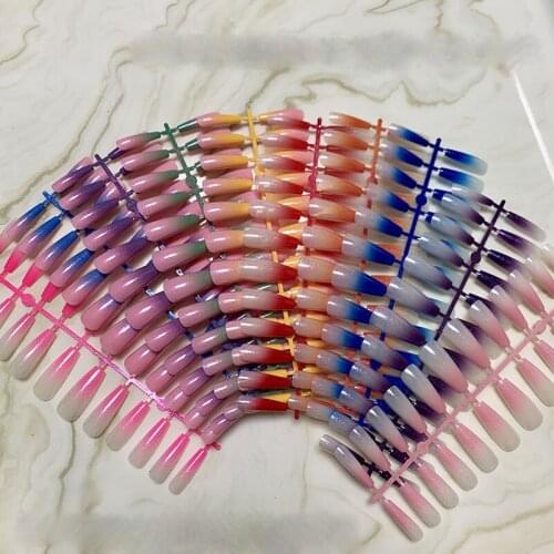 24pcs/Set European And American Style Super Long Ballet Nail T-shaped Seven-Color Gradient Nail Art Piece Glitter Fake Nails