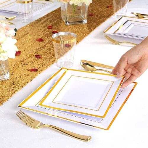 25 Guests Golden Plastic Plate with Disposable Plastic Silverware-Phnom Penh Square Cutlery Set (125 pieces)