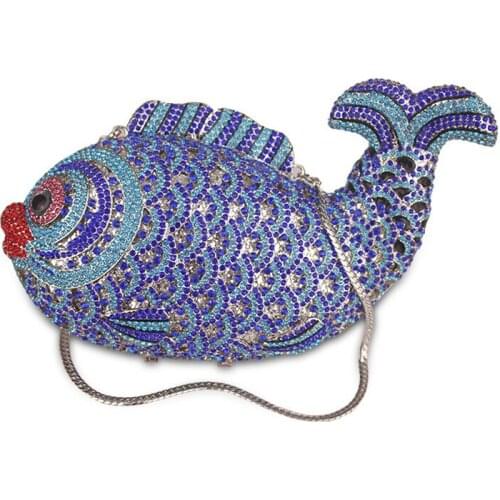 Chaliwini Multi blue Crystal Diamond Women big Fish Evening Clutch Bag Bridal Mini Metal Handbag and Purse Wedding Clutches