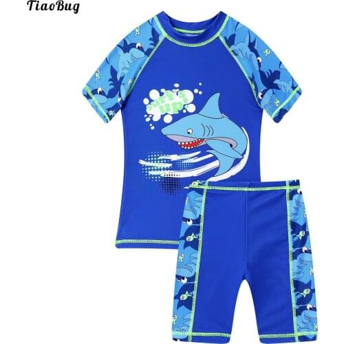 TiaoBug 2Pcs Kids Boys Swimming Suit Stand Collar Short Sleeves Cartoon Print T-Shirt And Shorts Set Beach Pool Bathing Suit