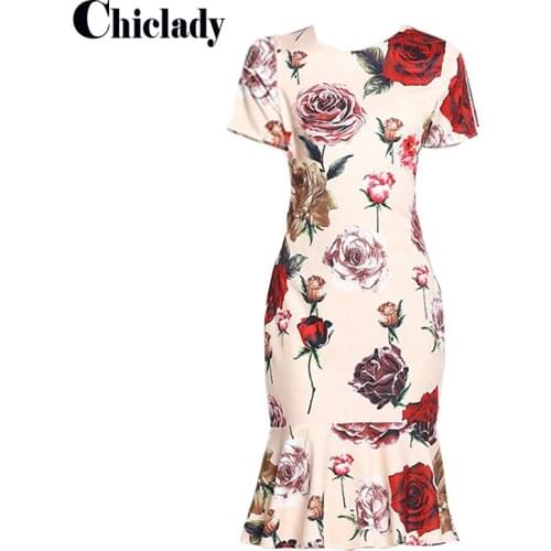 CHICLADY elegant office lady pink rose flower printed mermaid knee length dress slimy bodycon ruffles short sleeve summer ropa