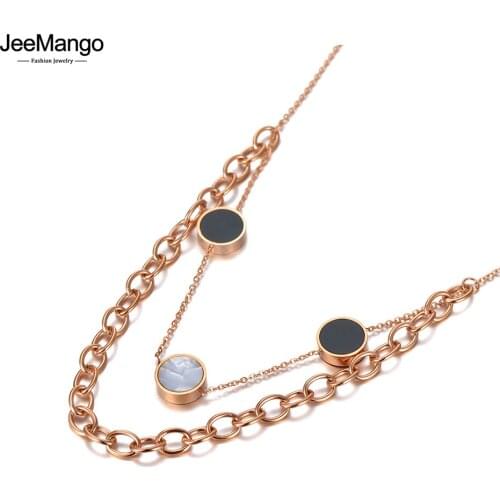 JeeMango Original Double Layer Round Pendant Necklace For Women Stainless Steel Bohemia Acrylic & Shell Choker Necklace JN20134