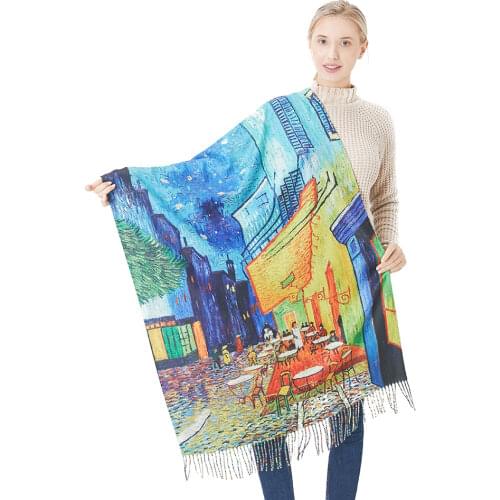 Vintage Oil Painting Cashmere Scarf Women Winter Warm Van Gogh Coffee House Tassel Scarves Designer Luxury Long Print Wrap Shawl