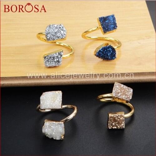 BOROSA Double Crystal Druzy Stone Rings, Gold Color Irregular Shape Rainbow Crystal Druzy Titanium Adjustable Ring G1182