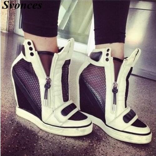 Hook&Loop Mesh Height Increasing Shoes Women Black-White Platform High Heel Wedges Sneakers Zip Up Leather Womens Casual Shoes