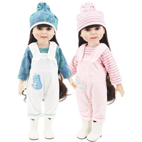 Baby New Born 40cm- 43cm Doll Clothes With Dinosaur Printing Overalls+Hat Set For 18 Inch 43cm New Born Doll Accessory Girl Gift