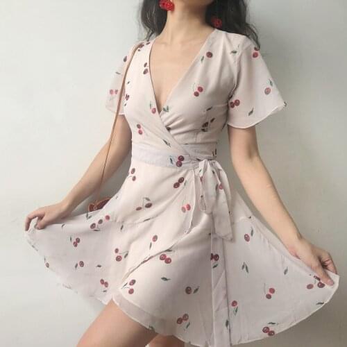 Summer French Flower Cherry Print Ruffled White Dress Women Lace Cross Lacing Up Elegant Bow Sexy Mini Girl Sundress 2021 Robe