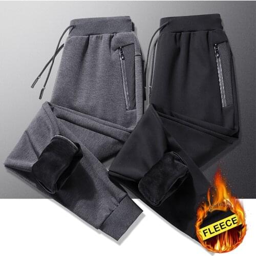 2021 Autumn Winter Fleece Men Casual Sports Straight Long Trousers Man Spring Zipper Pocket Black Shrink Feet Ankle-Length Pants