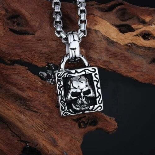 Flame grain titanium steel men square skull pendant unique alternative