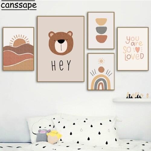 Nursery Wall Art Canvas Painting Rainbow Prints Bear Posters Sun Paintings Nordic Wall Pictures Girl Kids Bedroom Decoration